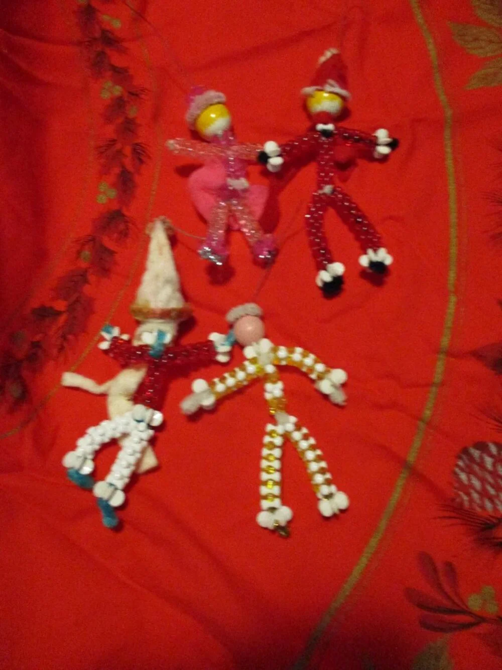 4 CHRISTMAS VINTAGE Handmade Beaded Children Tree Holiday Ornaments